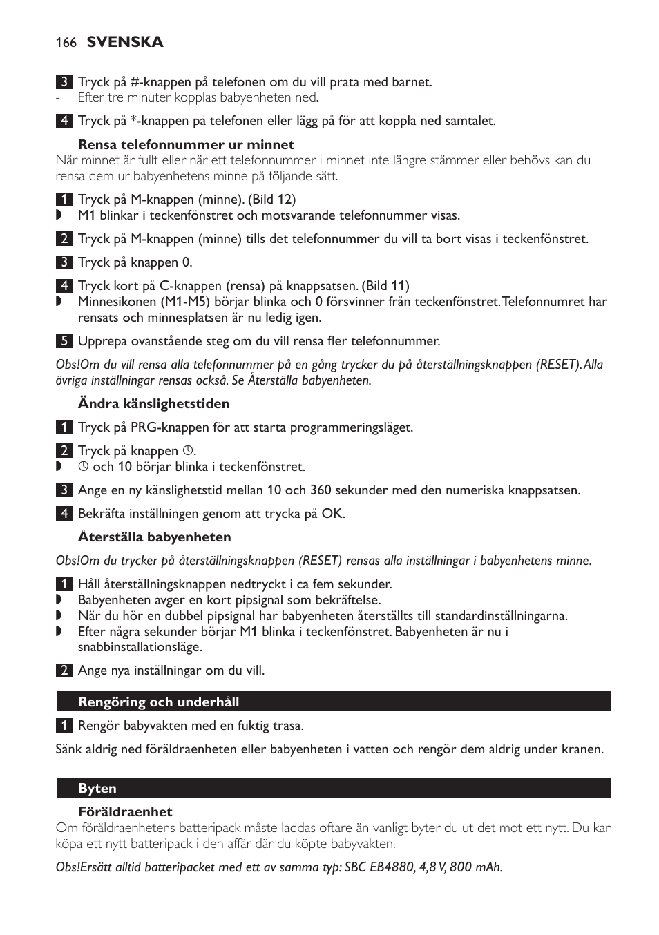 Rensa telefonnummer ur minnet, Ändra känslighetstiden, Återställa babyenheten | Föräldraenhet, Rengöring och underhåll, Byten | Philips SCD 469 User Manual | Page 166 / 188