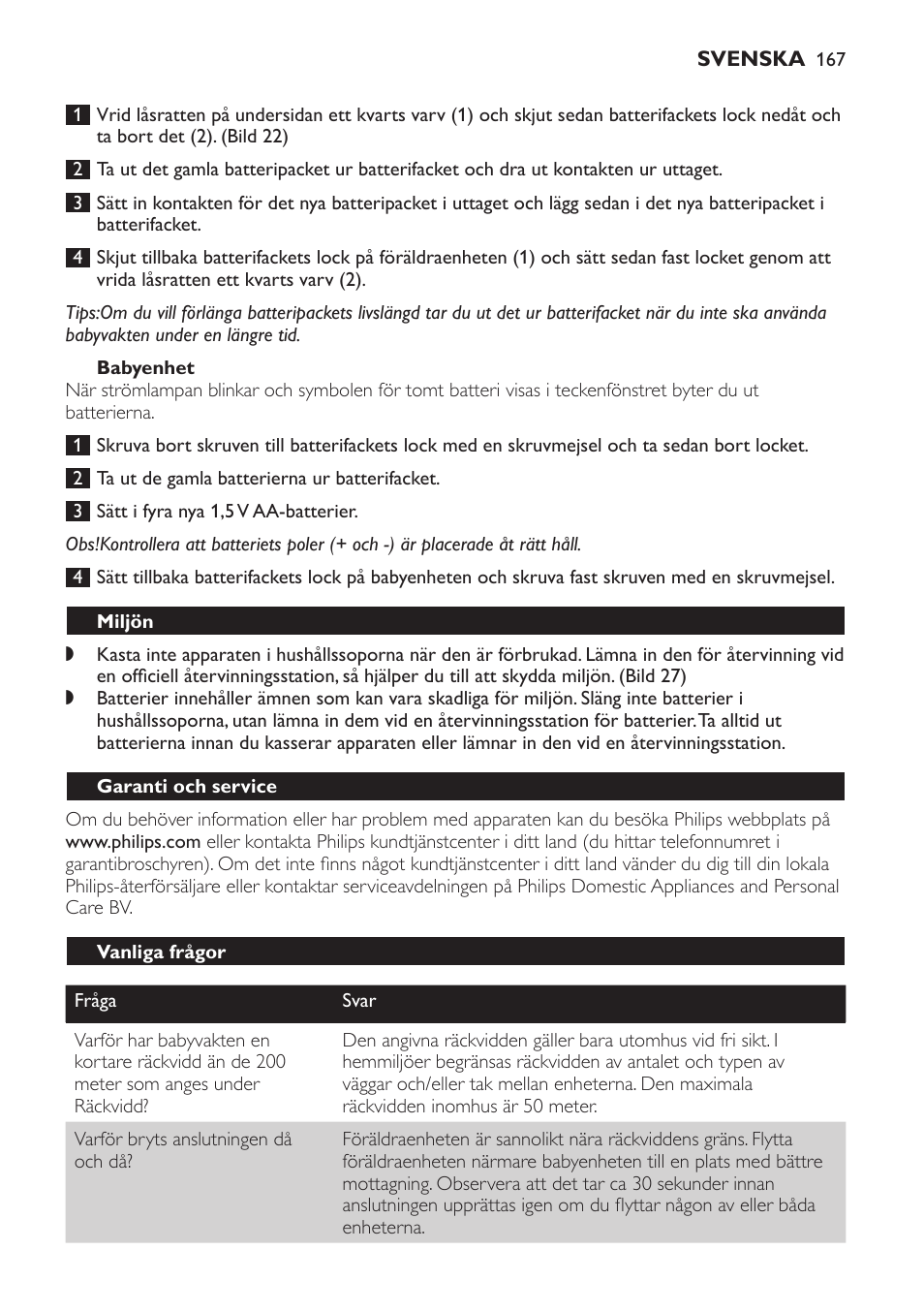 Babyenhet, Miljön, Garanti och service | Vanliga frågor | Philips SCD 469 User Manual | Page 167 / 188