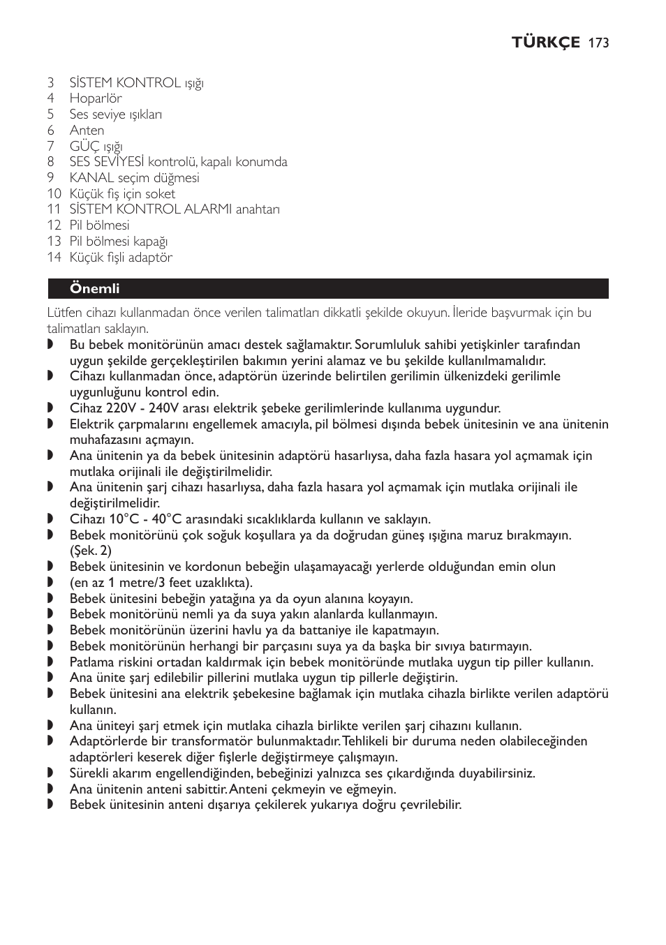 Önemli, Cihazın kullanıma hazırlanması, Bebek ünitesi | Philips SCD 469 User Manual | Page 173 / 188