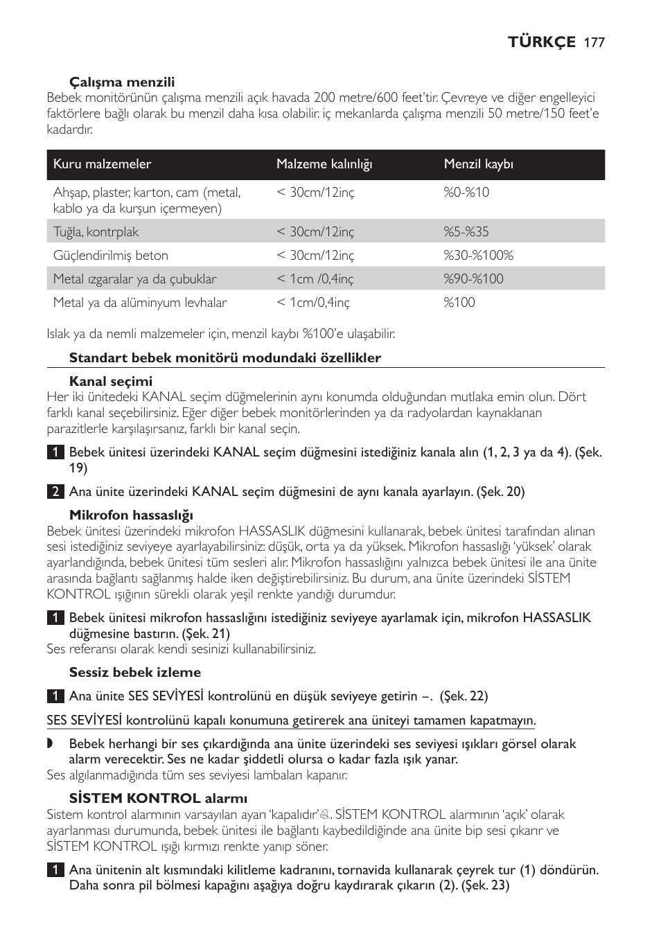Standart bebek monitörü modundaki özellikler, Kanal seçimi, Mikrofon hassaslığı | Sessiz bebek izleme, Sistem kontrol alarmı | Philips SCD 469 User Manual | Page 177 / 188