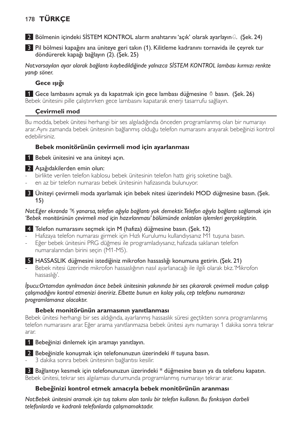 Gece ışığı, Çevirmeli mod, Bebek monitörünün çevirmeli mod için ayarlanması | Bebek monitörünün aramasının yanıtlanması | Philips SCD 469 User Manual | Page 178 / 188