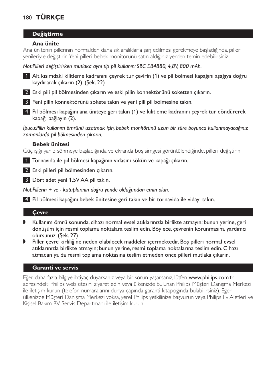 Bebek ünitesi, Çevre, Garanti ve servis | Sıkça sorulan sorular | Philips SCD 469 User Manual | Page 180 / 188