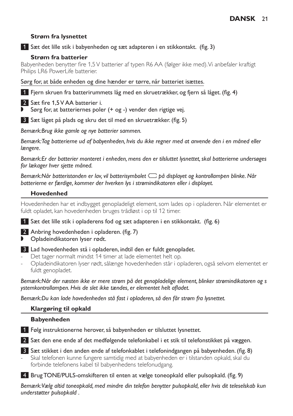 Strøm fra batterier, Hovedenhed, Klargøring til opkald | Babyenheden | Philips SCD 469 User Manual | Page 21 / 188