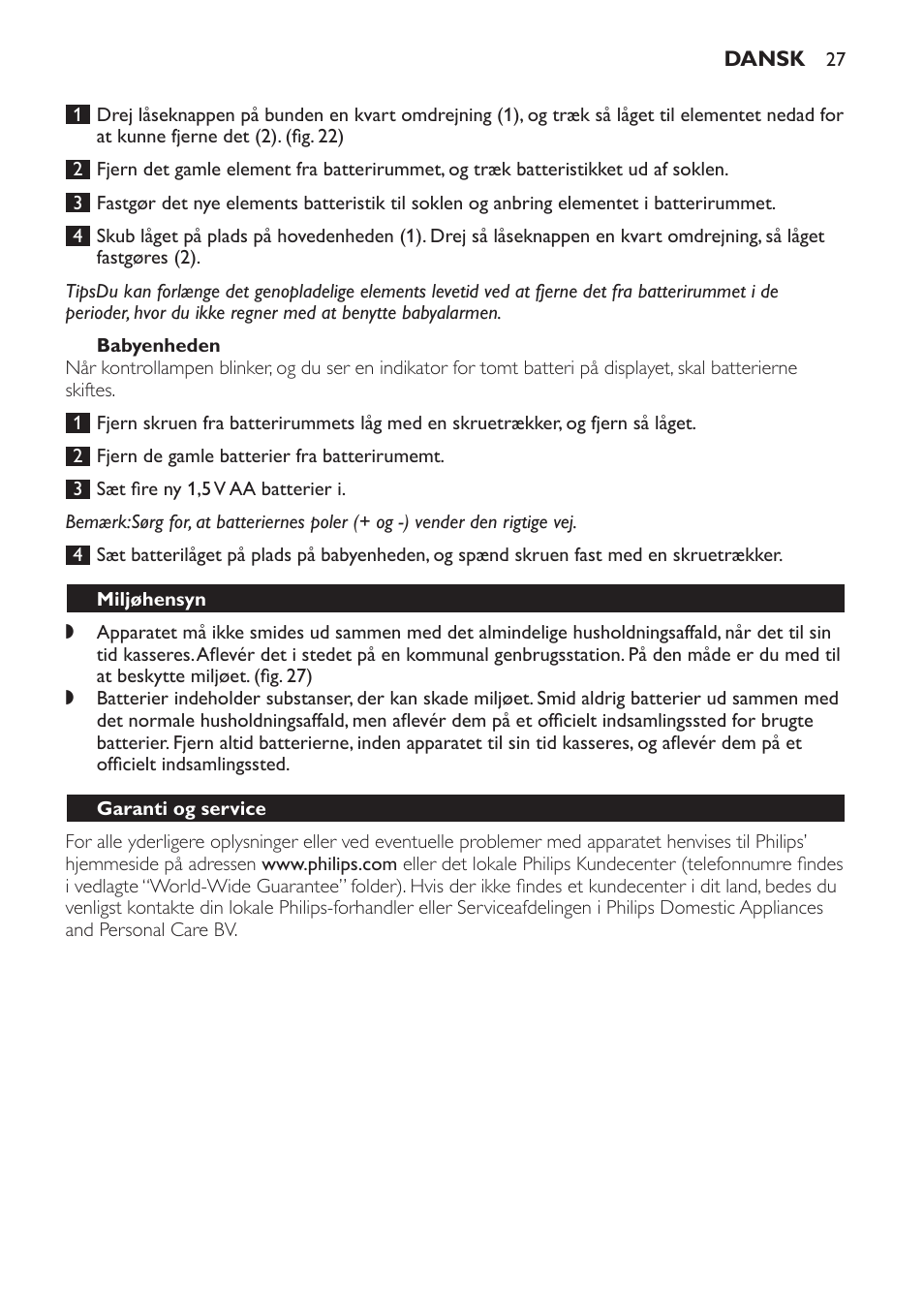 Babyenheden, Miljøhensyn, Garanti og service | Ofte stillede spørgsmål | Philips SCD 469 User Manual | Page 27 / 188