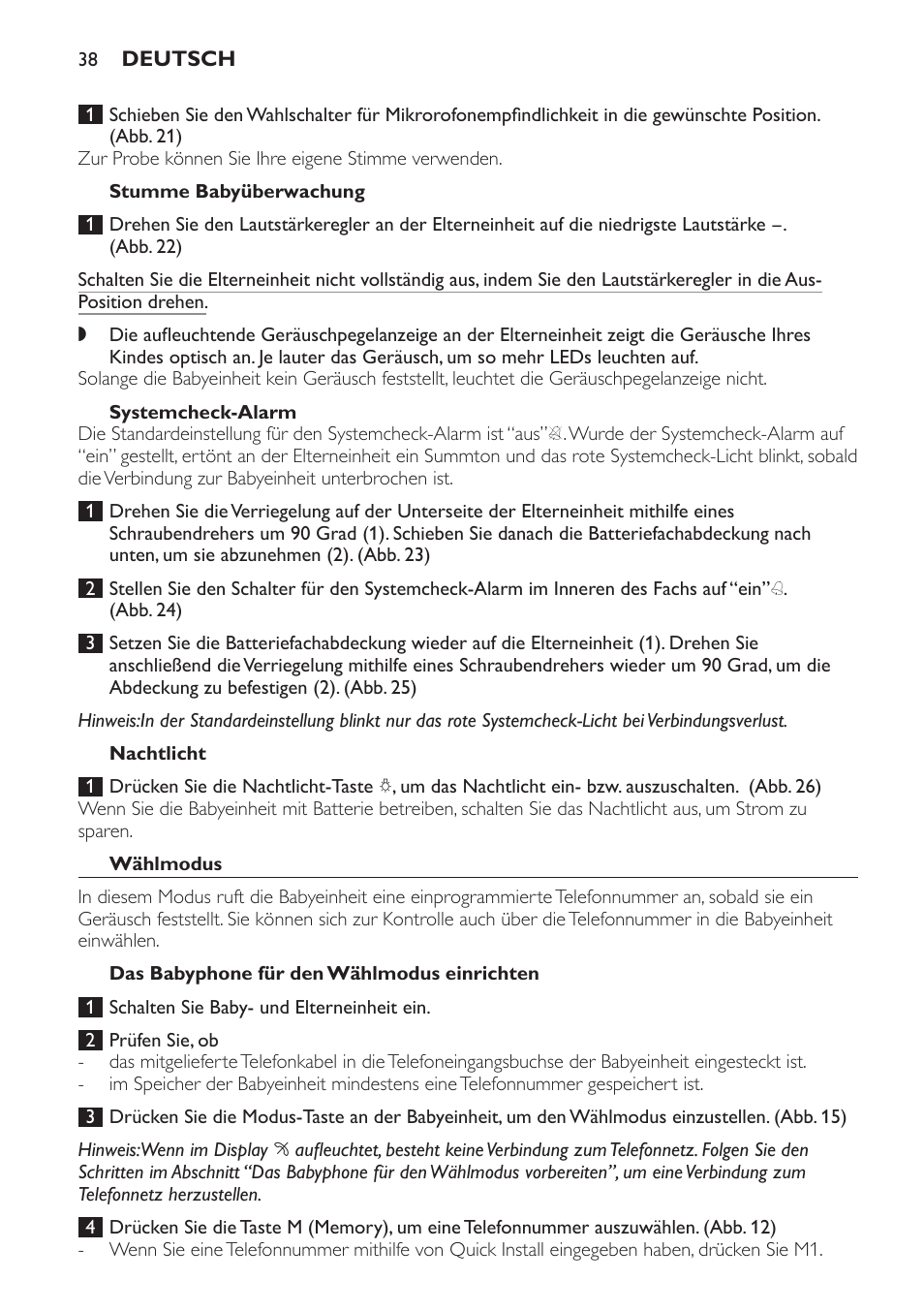 Stumme babyüberwachung, Systemcheck-alarm, Nachtlicht | Wählmodus, Das babyphone für den wählmodus einrichten | Philips SCD 469 User Manual | Page 38 / 188