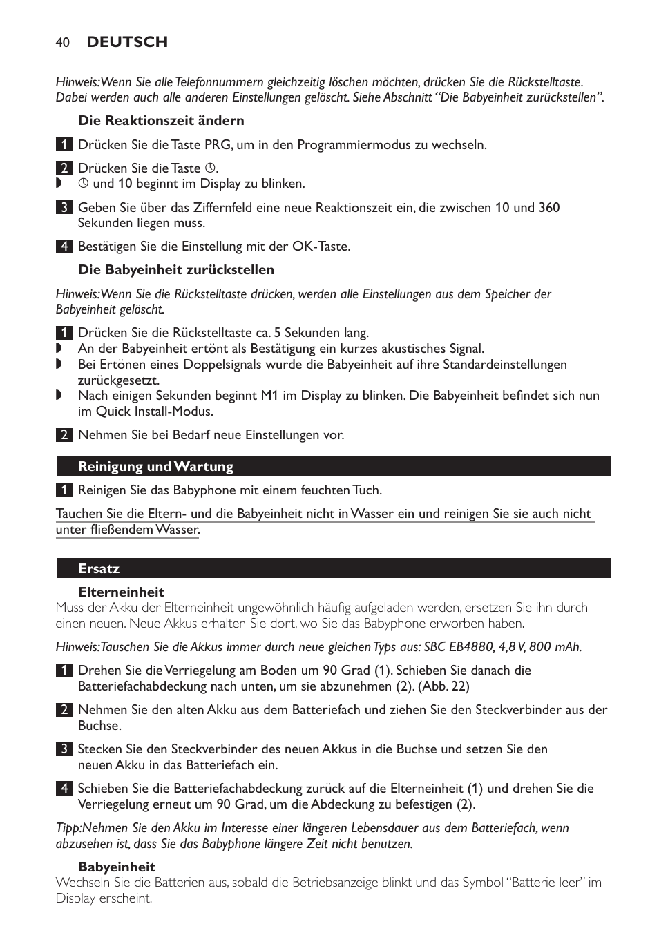 Die babyeinheit zurückstellen, Elterneinheit, Babyeinheit | Reinigung und wartung, Ersatz | Philips SCD 469 User Manual | Page 40 / 188