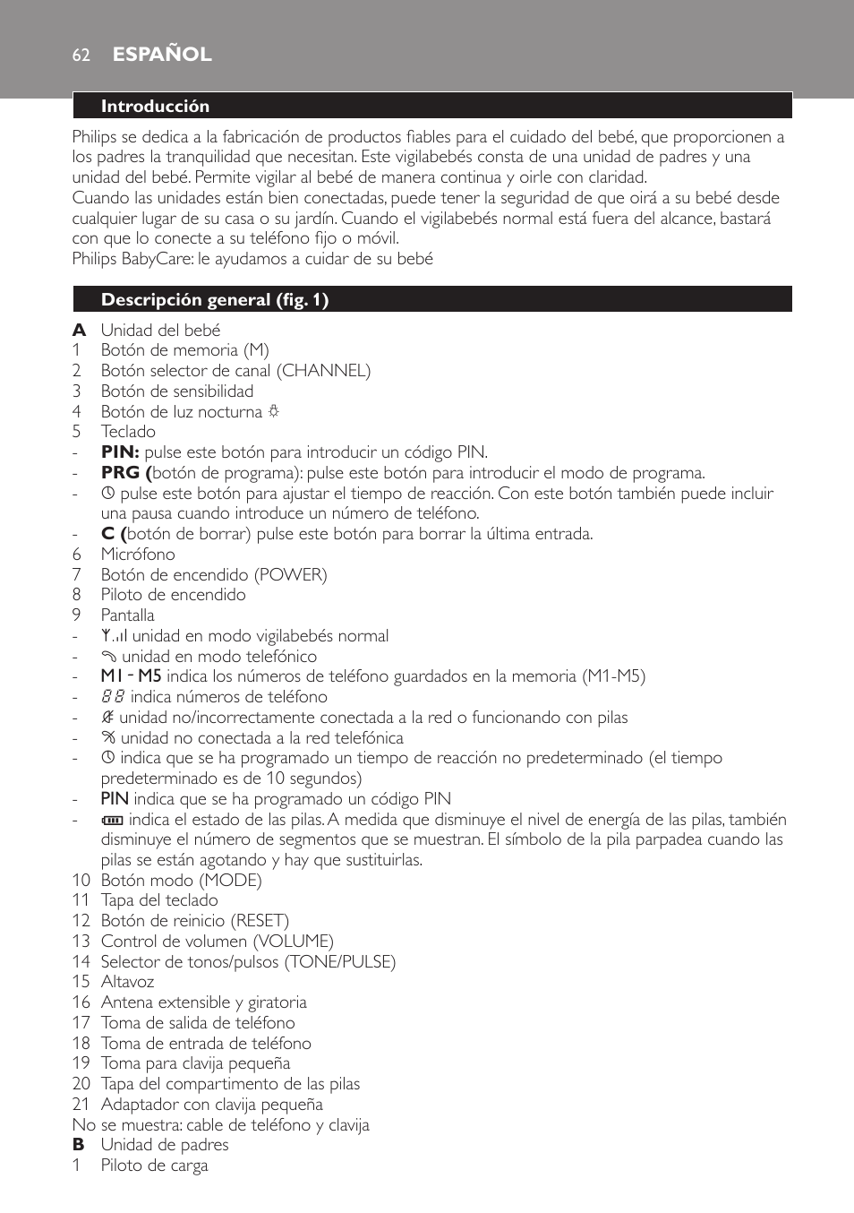 Español, Introducción, Descripción general﻿ (fig. 1) | Philips SCD 469 User Manual | Page 62 / 188