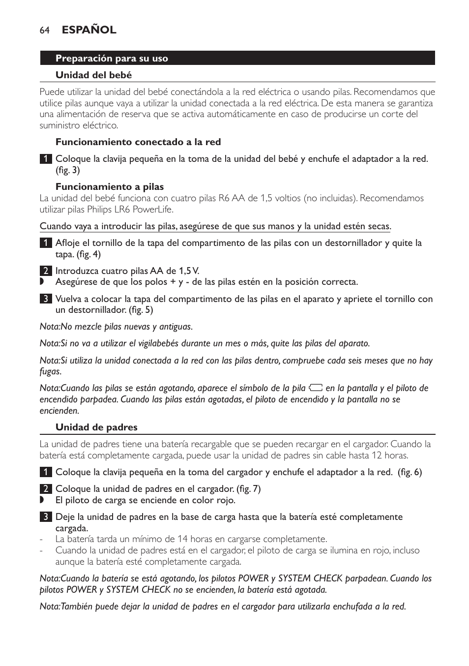 Preparación para su uso, Unidad del bebé, Funcionamiento conectado a la red | Funcionamiento a pilas, Unidad de padres | Philips SCD 469 User Manual | Page 64 / 188