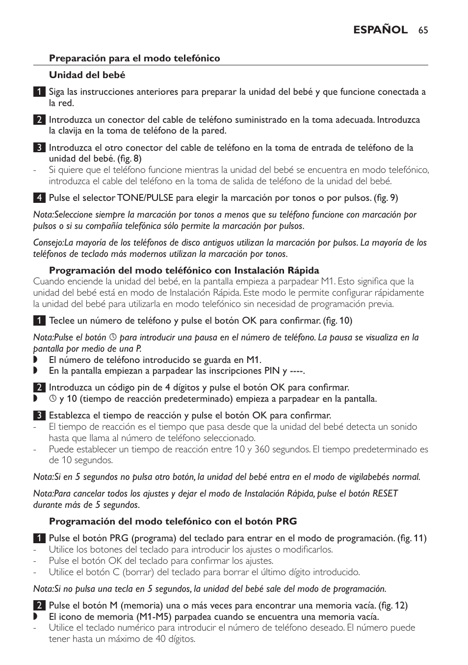 Preparación para el modo telefónico, Unidad del bebé, Programación del modo telefónico con el botón prg | Philips SCD 469 User Manual | Page 65 / 188