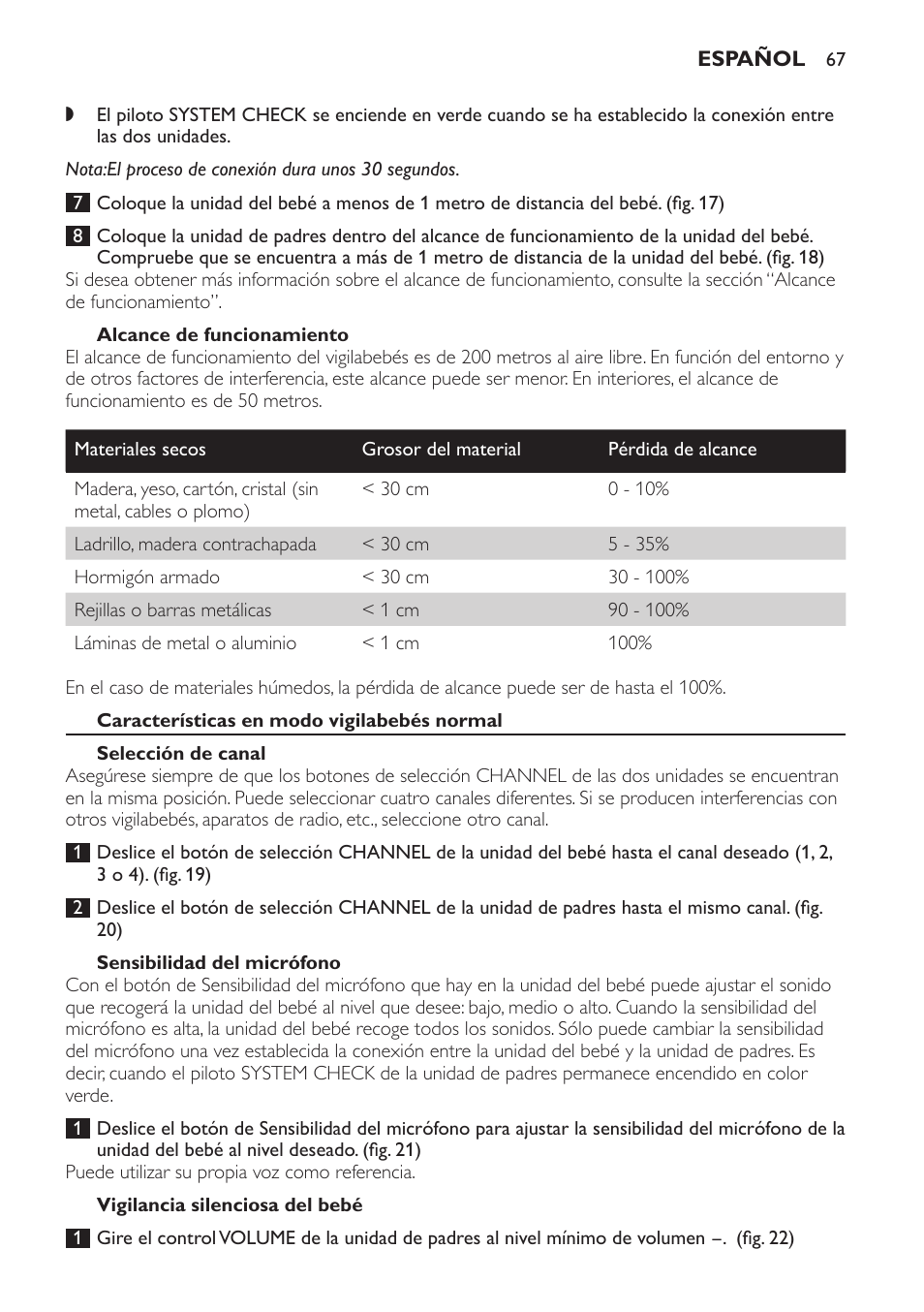 Alcance de funcionamiento, Características en modo vigilabebés normal, Selección de canal | Sensibilidad del micrófono, Vigilancia silenciosa del bebé | Philips SCD 469 User Manual | Page 67 / 188