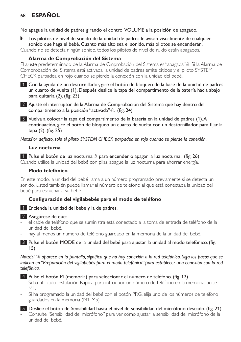 Alarma de comprobación del sistema, Luz nocturna, Modo telefónico | Philips SCD 469 User Manual | Page 68 / 188