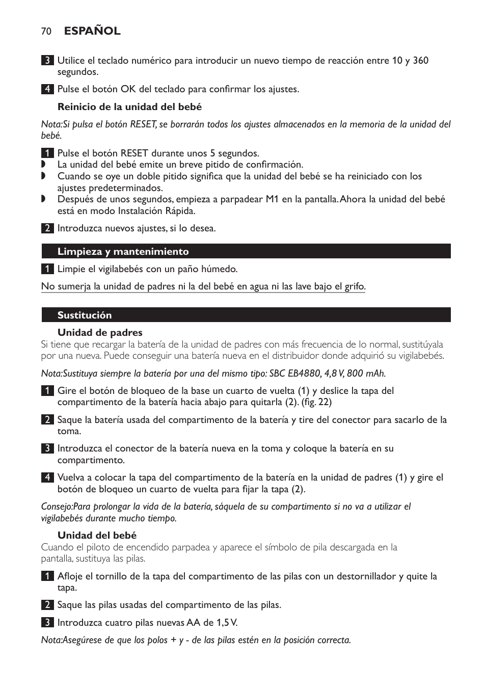 Reinicio de la unidad del bebé, Unidad de padres, Unidad del bebé | Limpieza y mantenimiento, Sustitución | Philips SCD 469 User Manual | Page 70 / 188