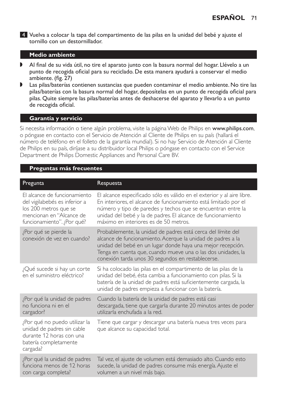Medio ambiente, Garantía y servicio, Preguntas más frecuentes | Philips SCD 469 User Manual | Page 71 / 188