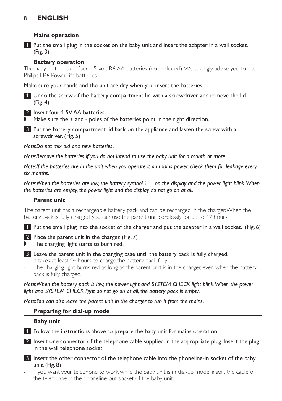 Mains operation, Battery operation, Parent unit | Preparing for dial-up mode, Baby unit | Philips SCD 469 User Manual | Page 8 / 188