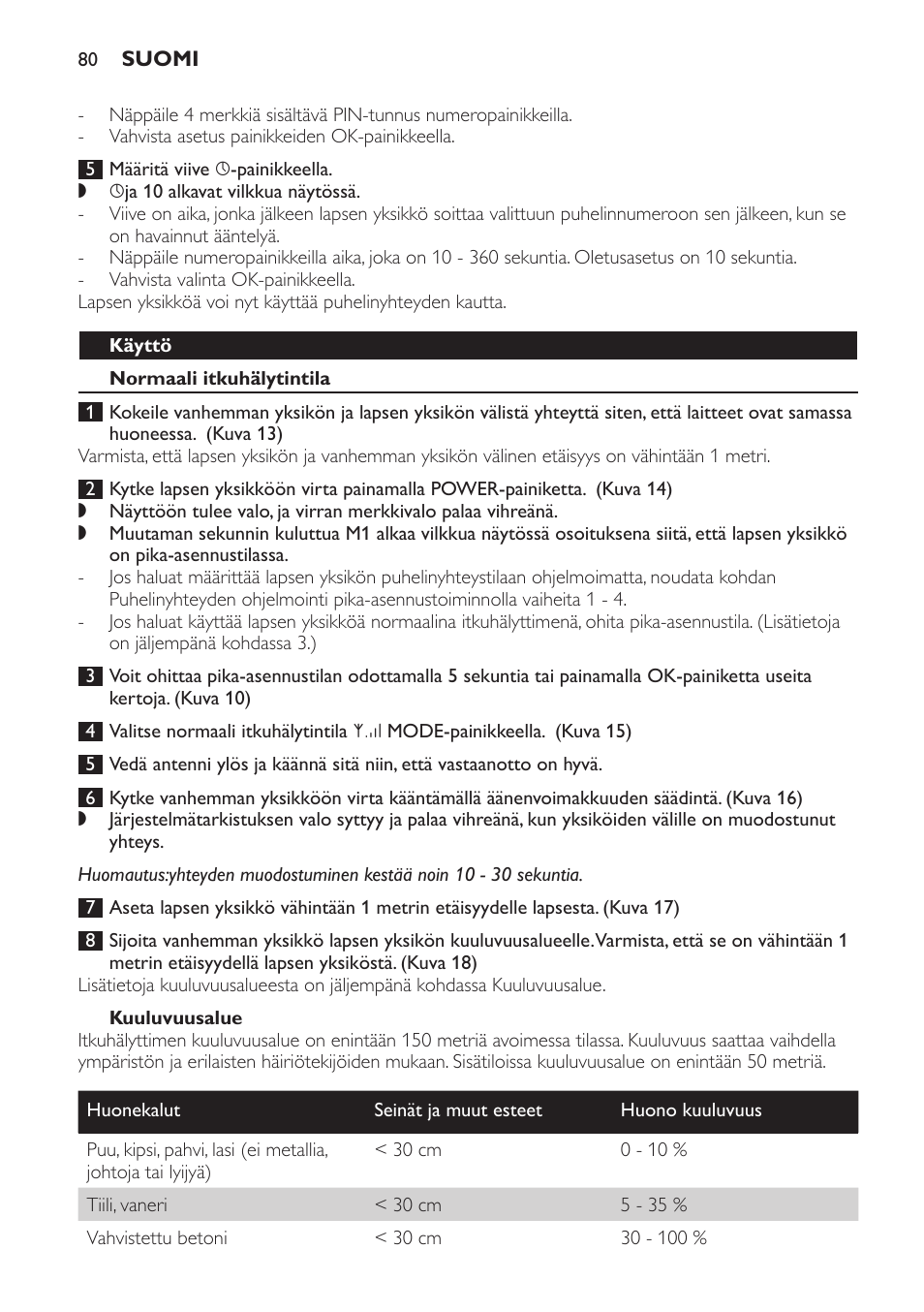 Käyttö, Normaali itkuhälytintila, Kuuluvuusalue | Philips SCD 469 User Manual | Page 80 / 188