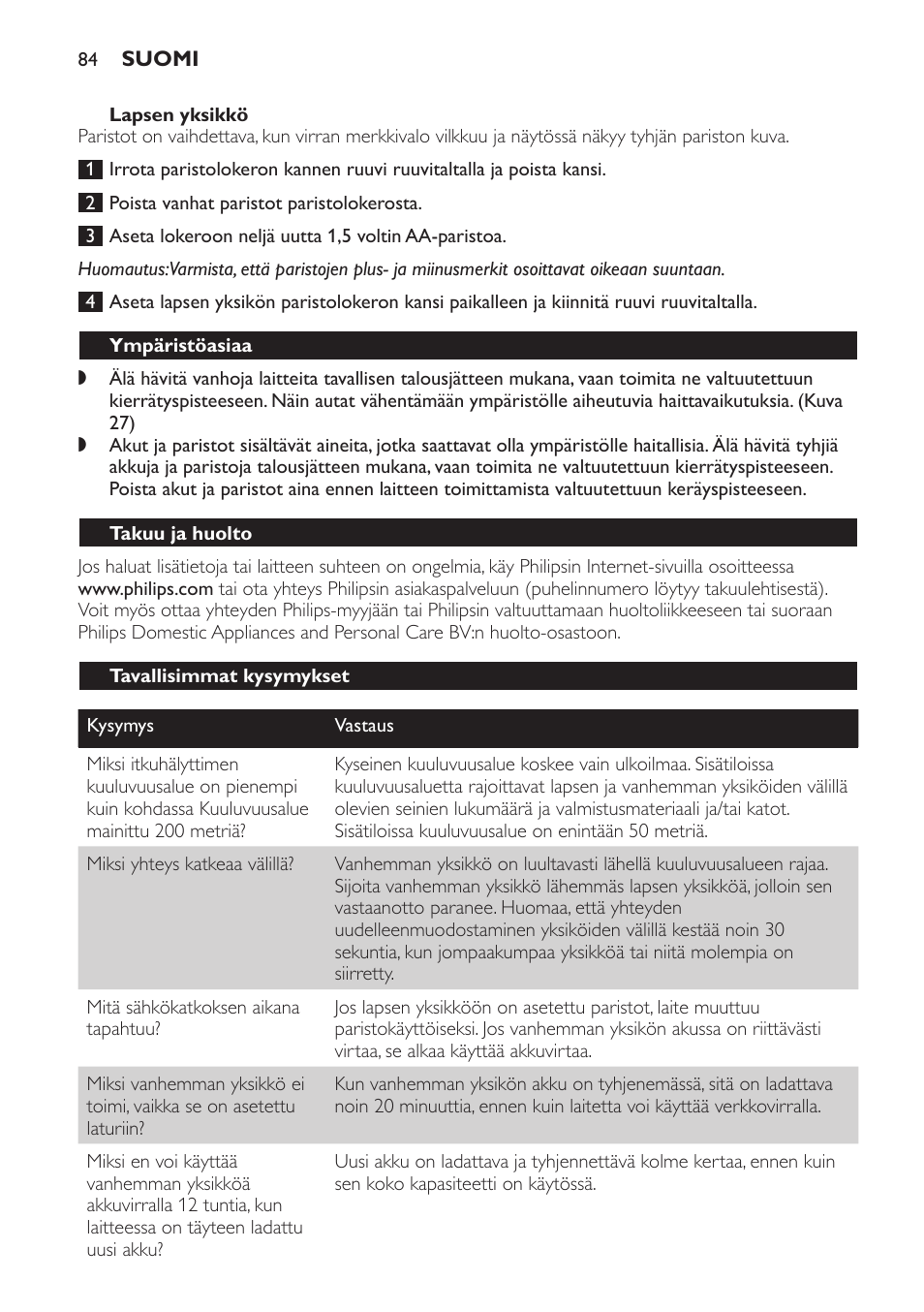 Lapsen yksikkö, Ympäristöasiaa, Takuu ja huolto | Tavallisimmat kysymykset | Philips SCD 469 User Manual | Page 84 / 188