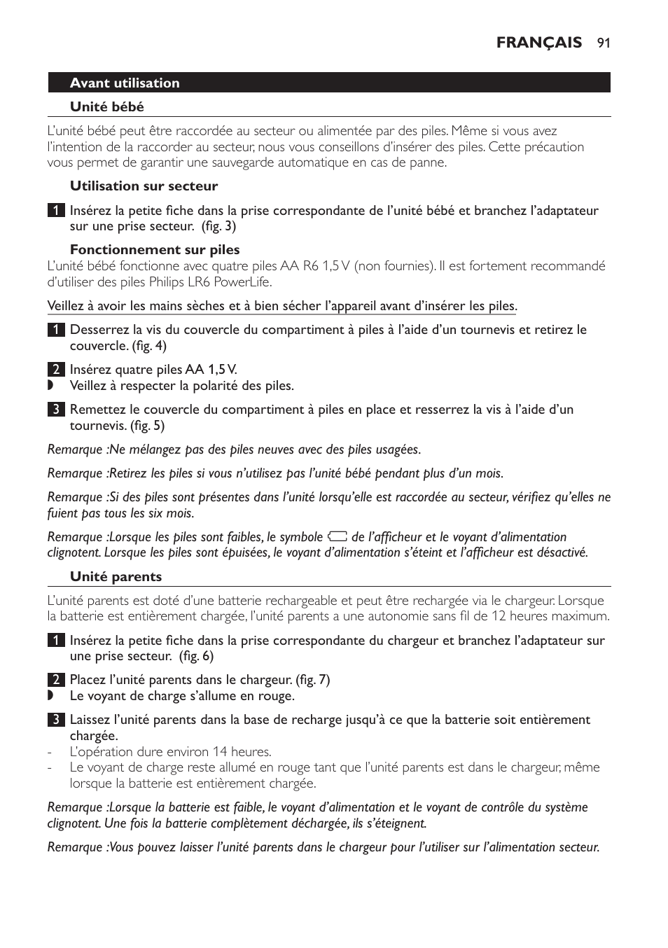 Avant utilisation, Unité bébé, Utilisation sur secteur | Fonctionnement sur piles, Unité parents, Avant utilisation en mode d’appel téléphonique | Philips SCD 469 User Manual | Page 91 / 188
