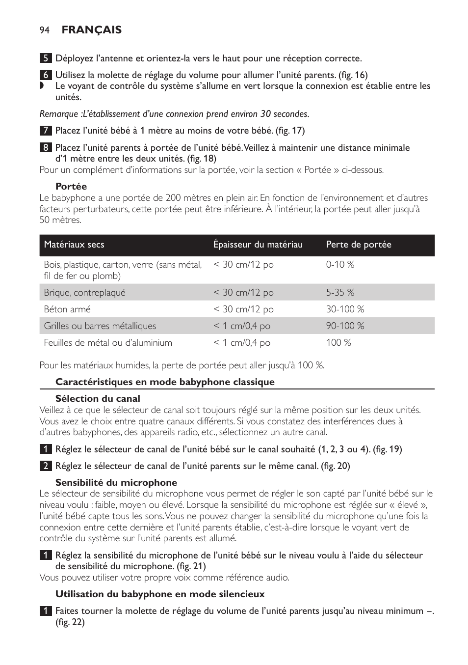 Portée, Caractéristiques en mode babyphone classique, Sélection du canal | Sensibilité du microphone, Utilisation du babyphone en mode silencieux | Philips SCD 469 User Manual | Page 94 / 188
