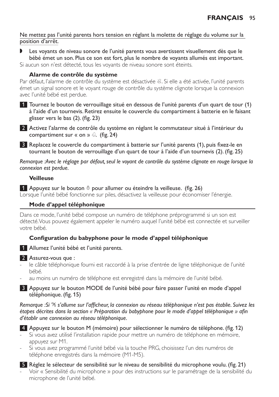 Alarme de contrôle du système, Veilleuse, Mode d’appel téléphonique | Philips SCD 469 User Manual | Page 95 / 188