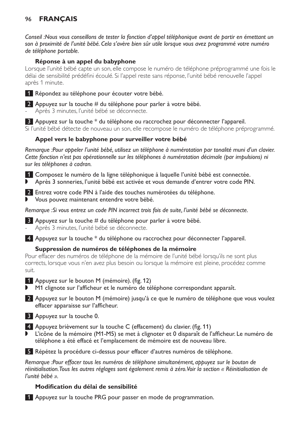 Réponse à un appel du babyphone, Appel vers le babyphone pour surveiller votre bébé, Suppression de numéros de téléphones de la mémoire | Modification du délai de sensibilité | Philips SCD 469 User Manual | Page 96 / 188