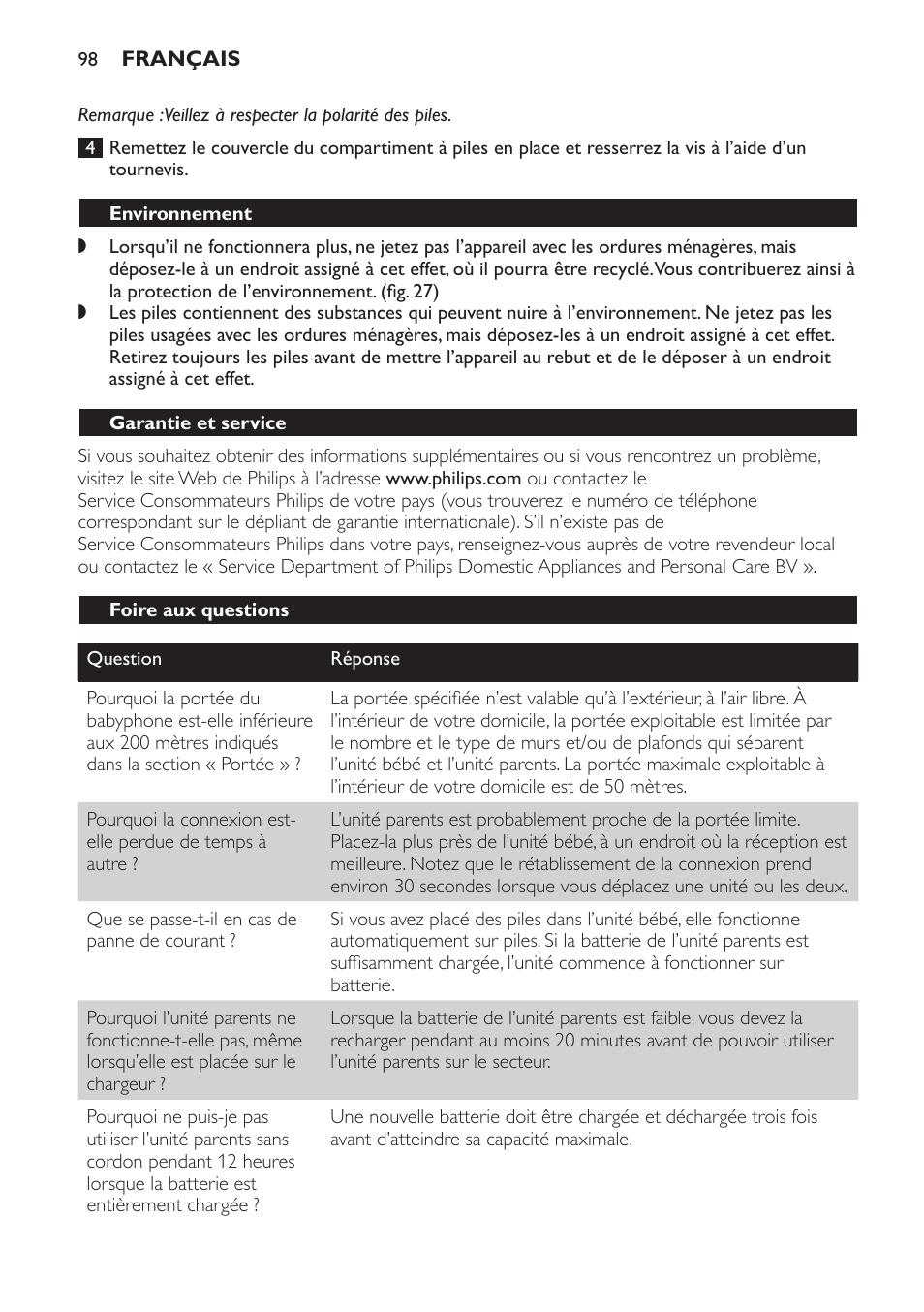 Environnement, Garantie et service, Foire aux questions | Philips SCD 469 User Manual | Page 98 / 188