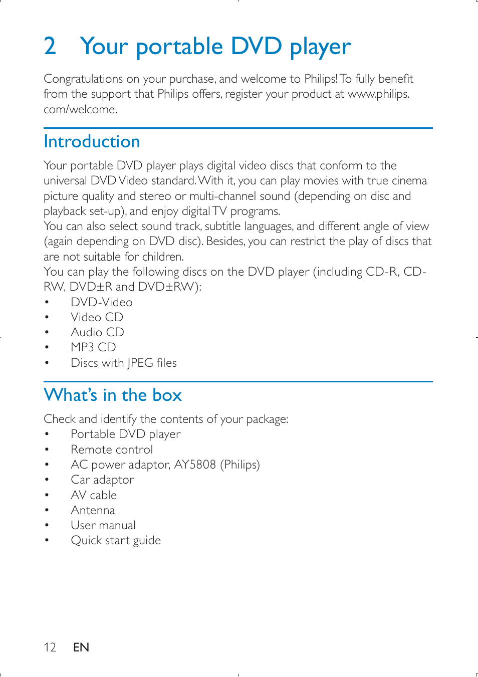 2 your portable dvd player, Introduction, What’s in the box | Philips PET749 User Manual | Page 12 / 36