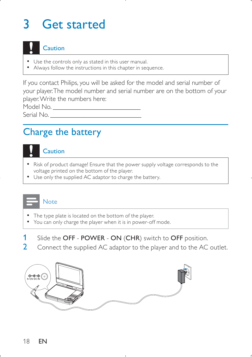 3 get started, Charge the battery | Philips PET749 User Manual | Page 18 / 36