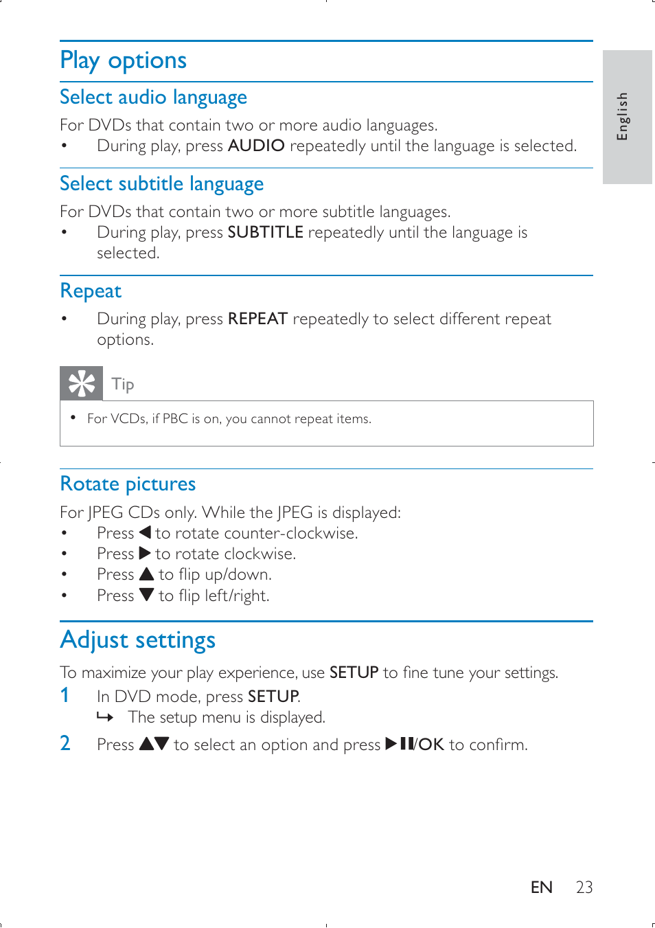 Play options, Adjust settings, Select audio language | Select subtitle language, Repeat, Rotate pictures | Philips PET749 User Manual | Page 23 / 36