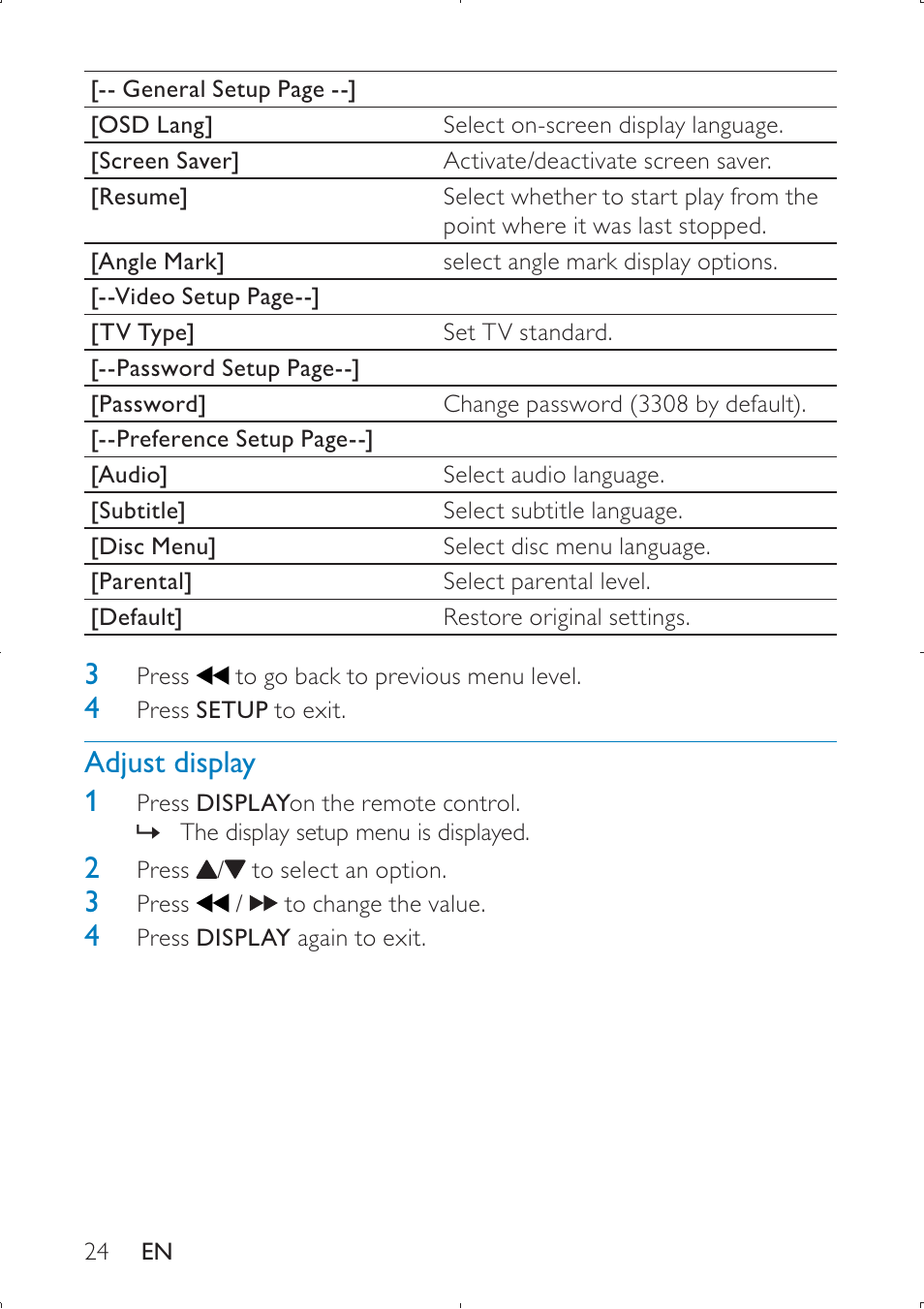 Adjust display 1 | Philips PET749 User Manual | Page 24 / 36