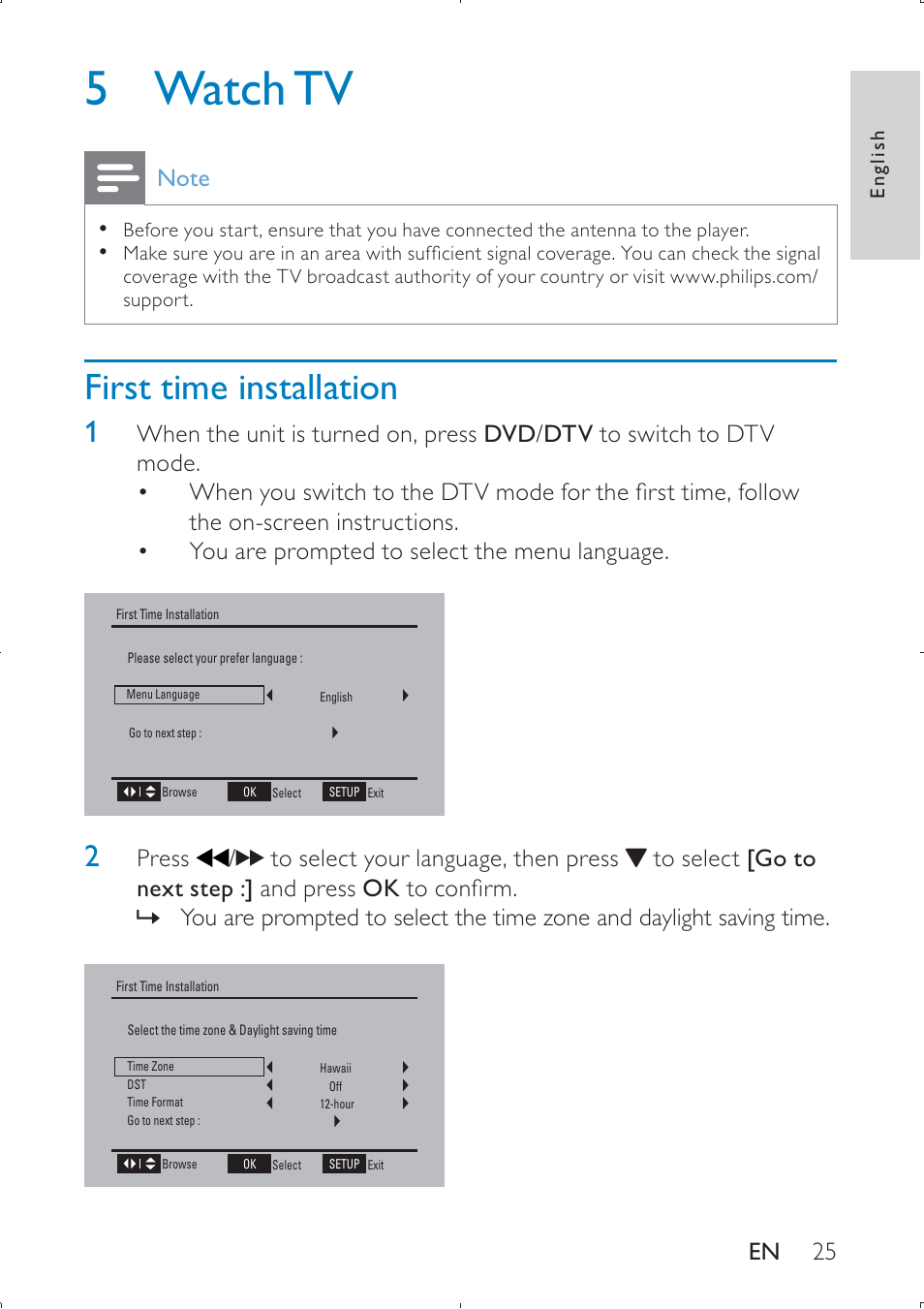 5 watch tv, First time installation | Philips PET749 User Manual | Page 25 / 36
