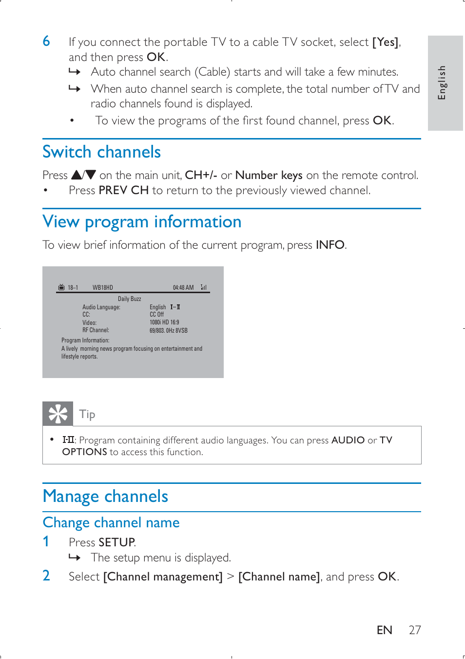 Switch channels, View program information, Manage channels | Philips PET749 User Manual | Page 27 / 36