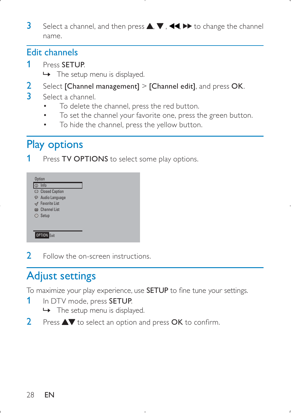 Play options, Adjust settings | Philips PET749 User Manual | Page 28 / 36