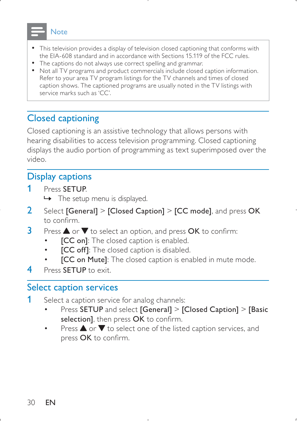 Closed captioning, Display captions 1, Select caption services 1 | Philips PET749 User Manual | Page 30 / 36
