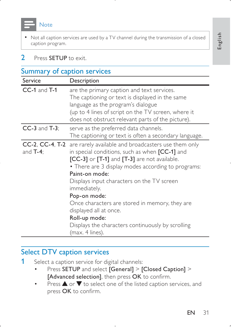 Summary of caption services, Select dtv caption services 1 | Philips PET749 User Manual | Page 31 / 36