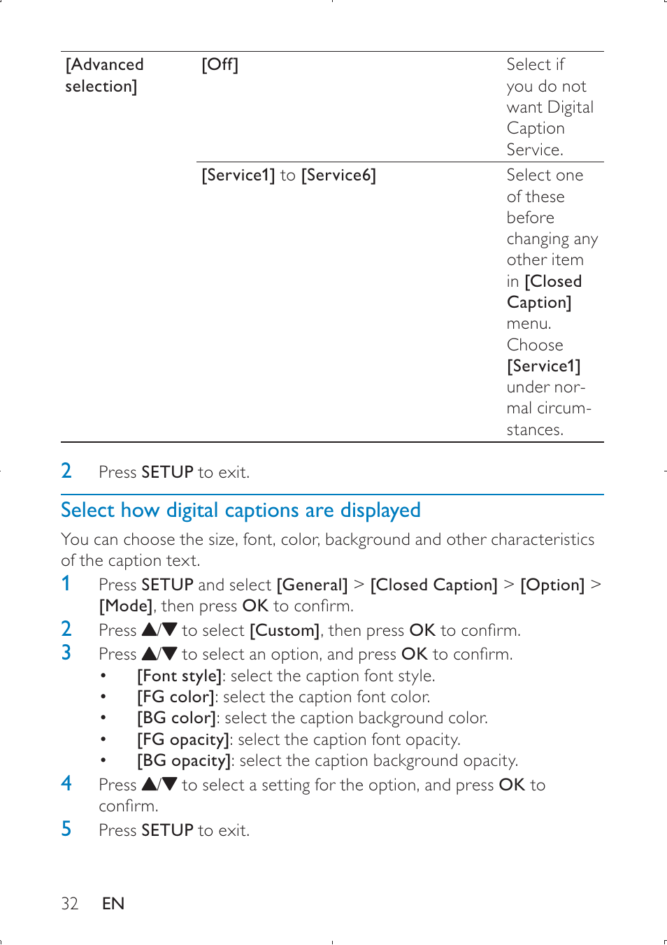 Select how digital captions are displayed | Philips PET749 User Manual | Page 32 / 36