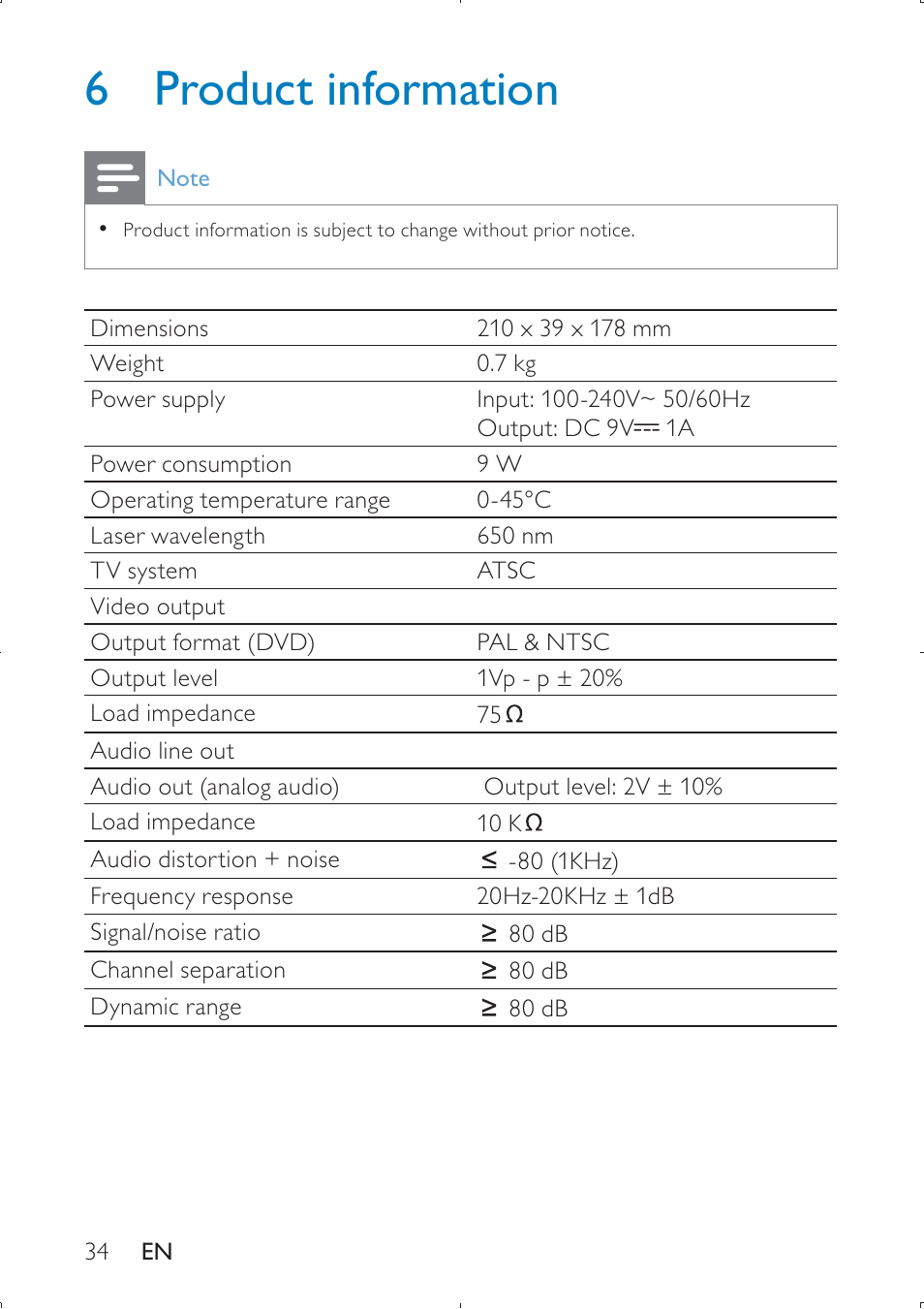 6 product information | Philips PET749 User Manual | Page 34 / 36