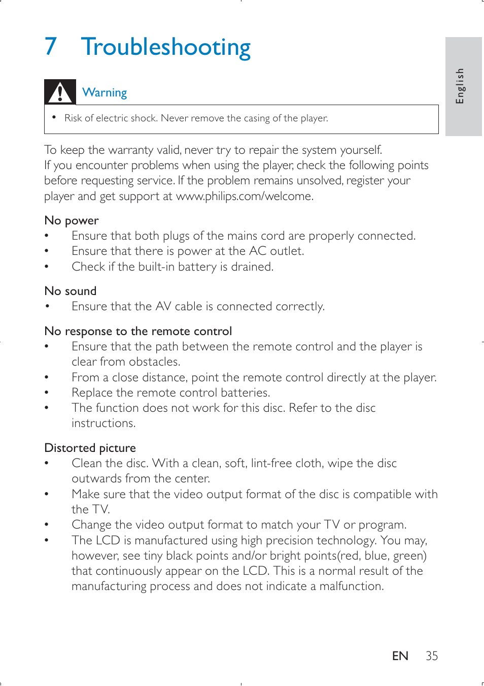 7 troubleshooting | Philips PET749 User Manual | Page 35 / 36