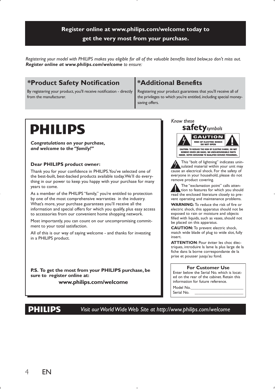 Product safety notiﬁcation *additional benefits | Philips PET749 User Manual | Page 4 / 36