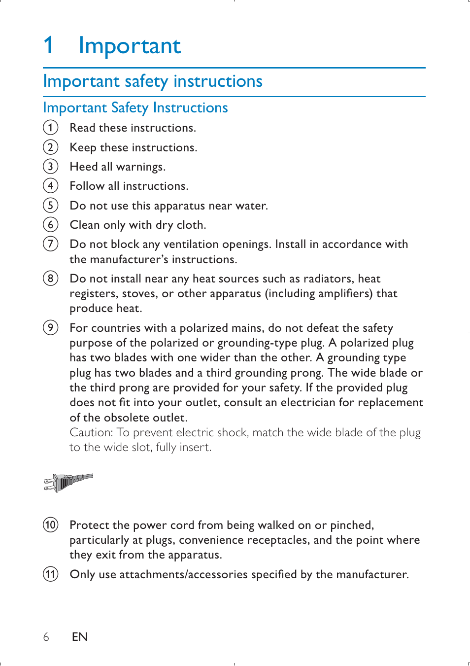 1 important, Important safety instructions | Philips PET749 User Manual | Page 6 / 36