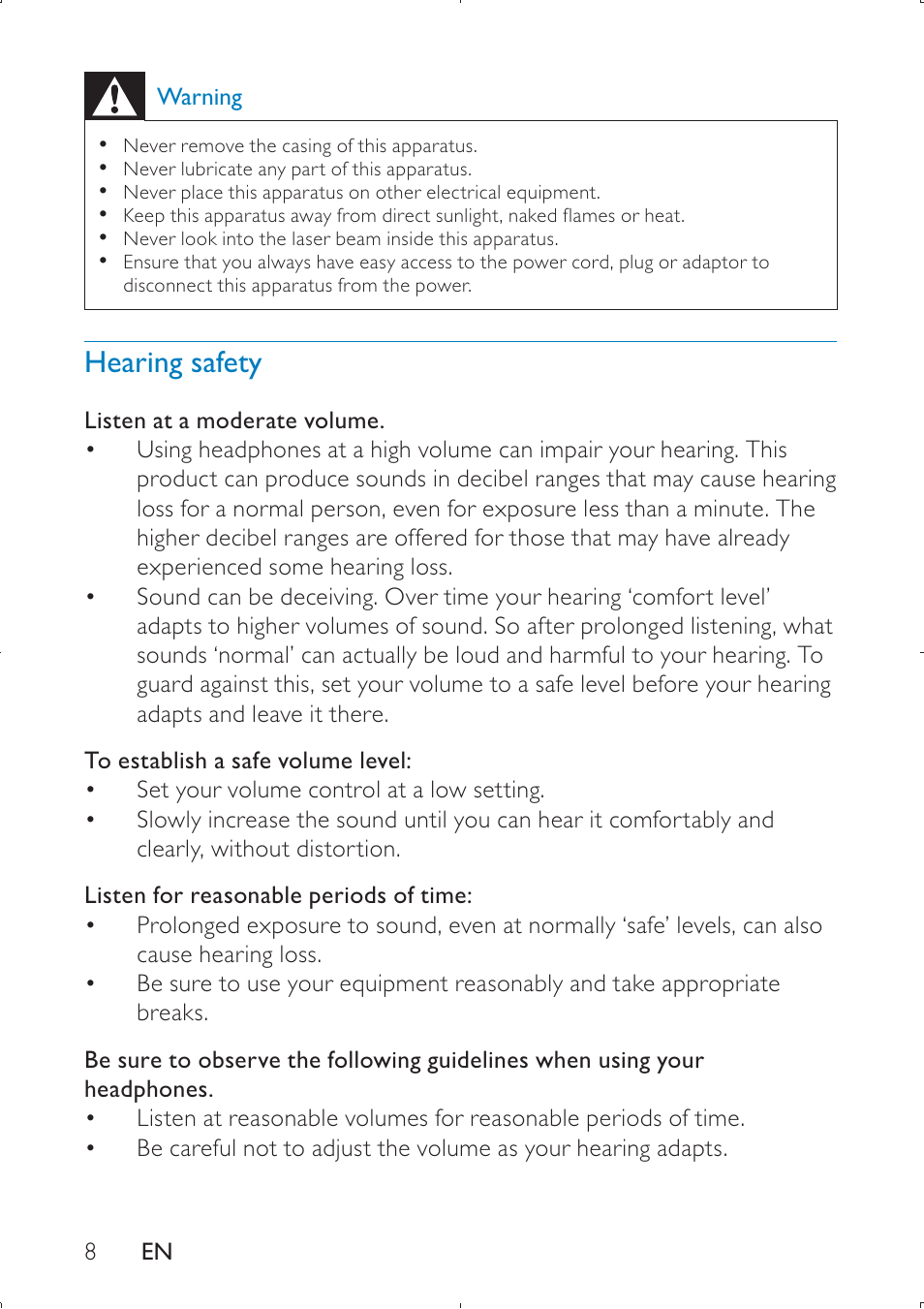 Hearing safety | Philips PET749 User Manual | Page 8 / 36
