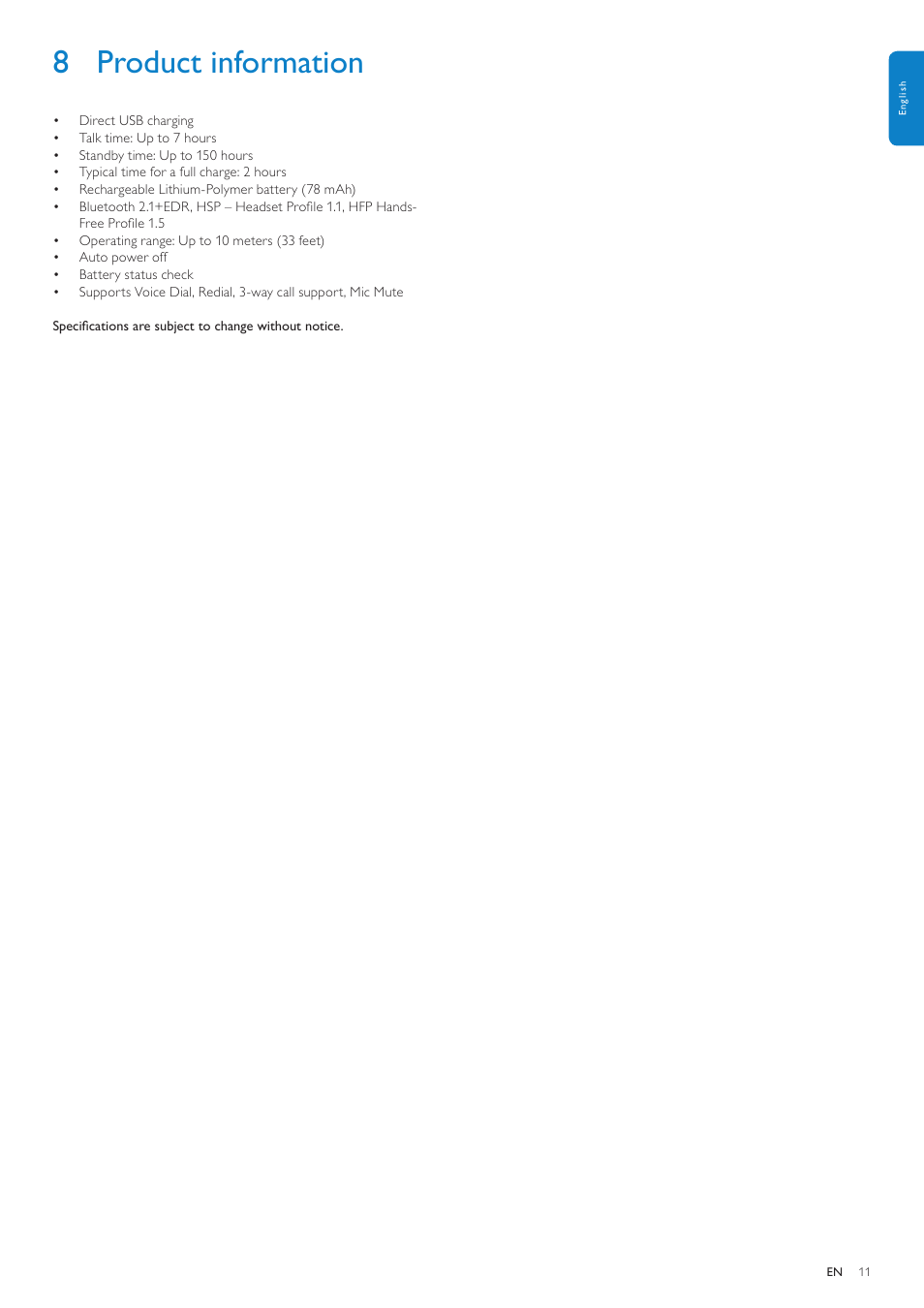 8 product information | Philips SHB1400 User Manual | Page 11 / 13