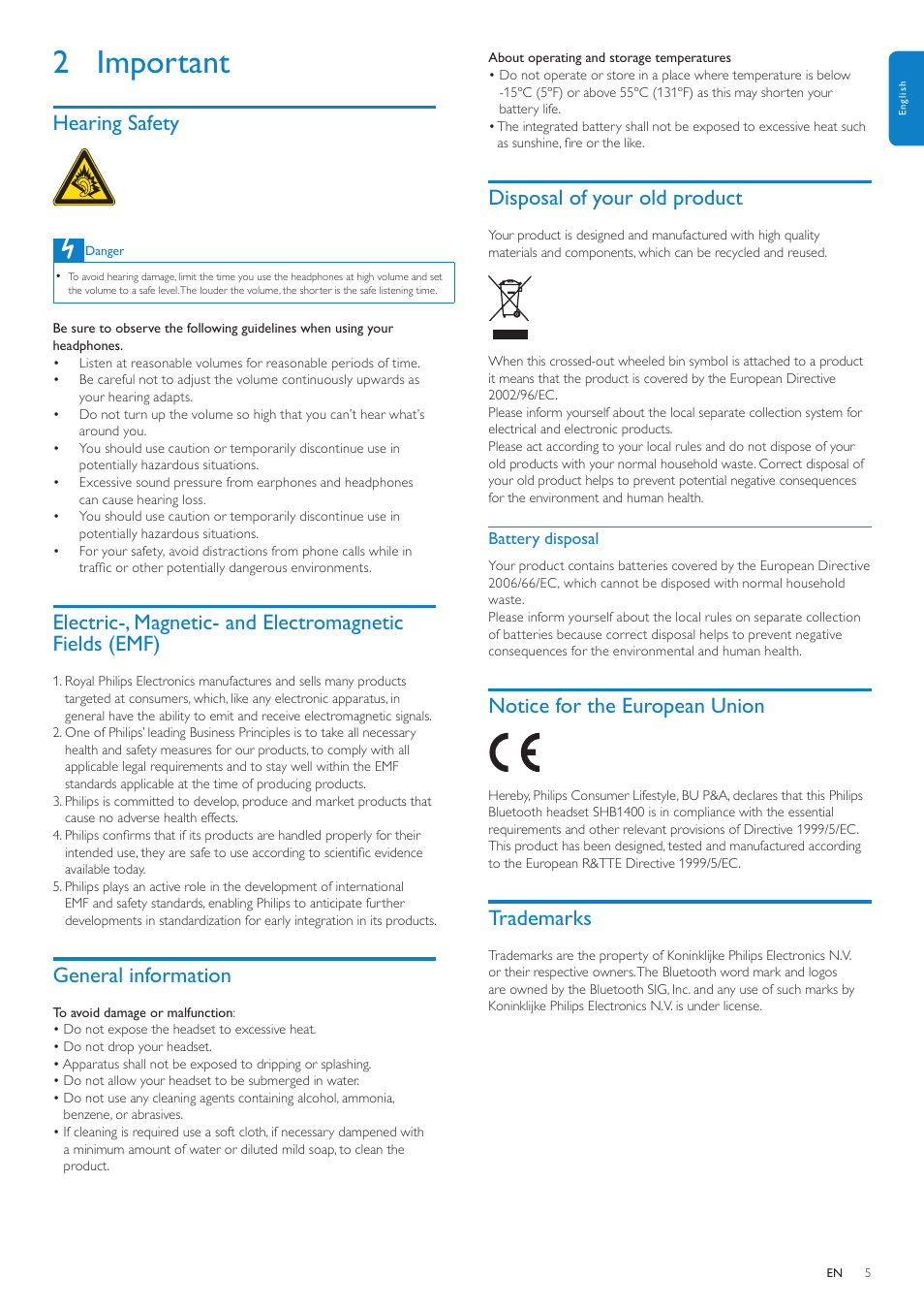 2 important, Hearing safety, General information | Disposal of your old product, Battery disposal, Notice for the european union, Trademarks | Philips SHB1400 User Manual | Page 5 / 13