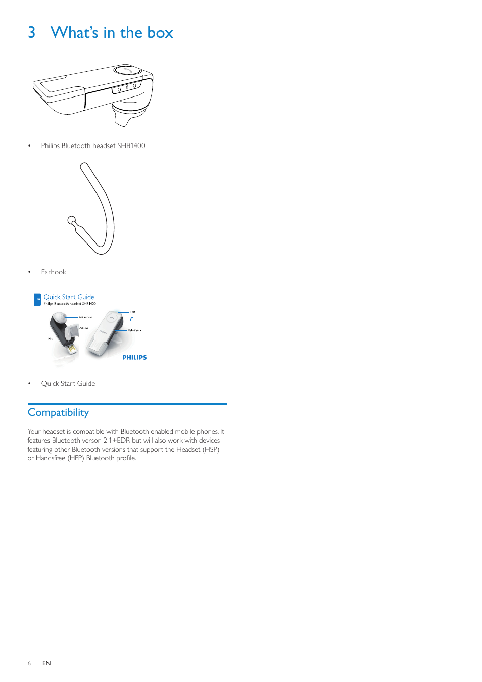 3 what’s in the box, Compatibility | Philips SHB1400 User Manual | Page 6 / 13