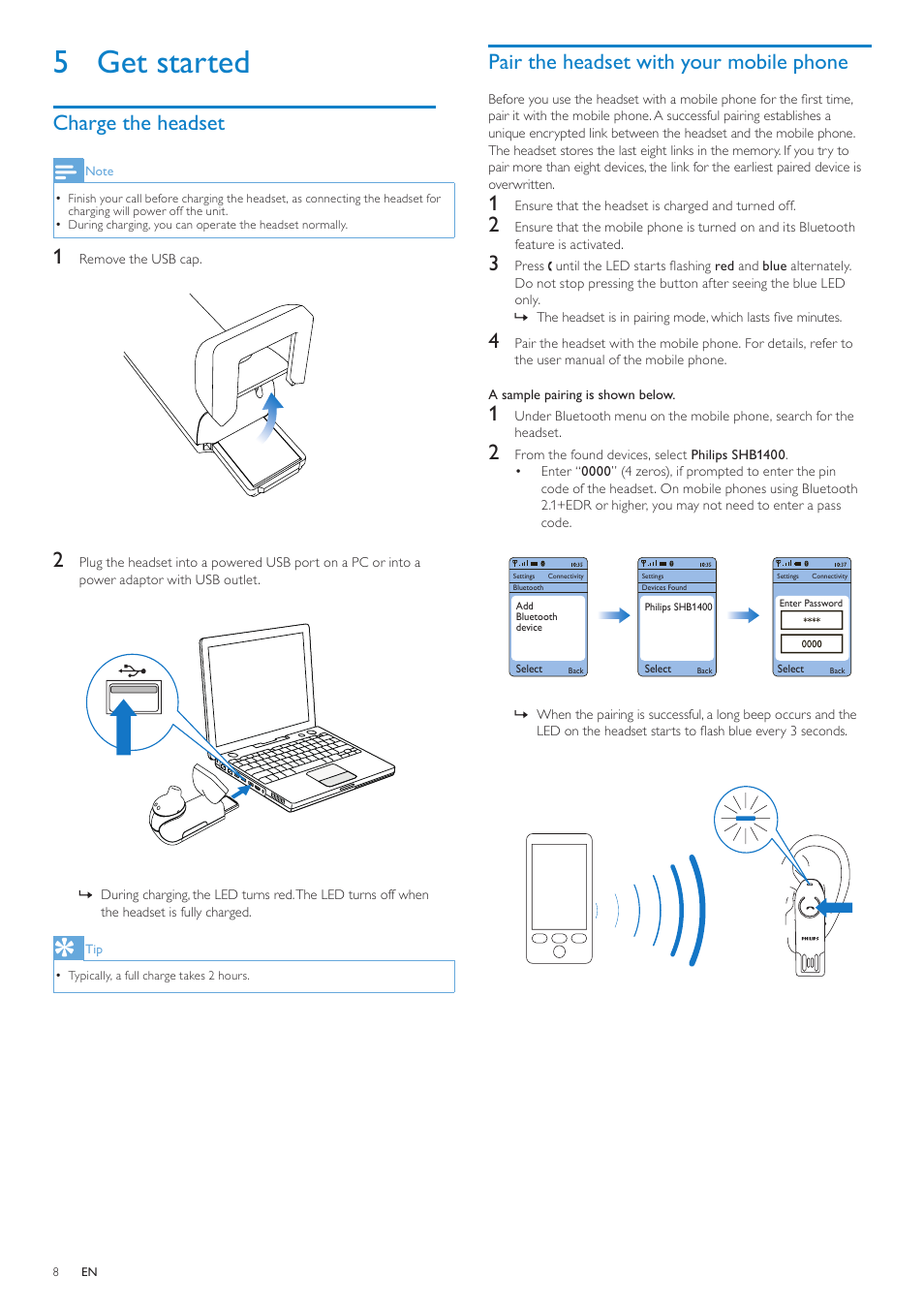 5 get started, Charge the headset, Pair the headset with your mobile phone | Philips SHB1400 User Manual | Page 8 / 13