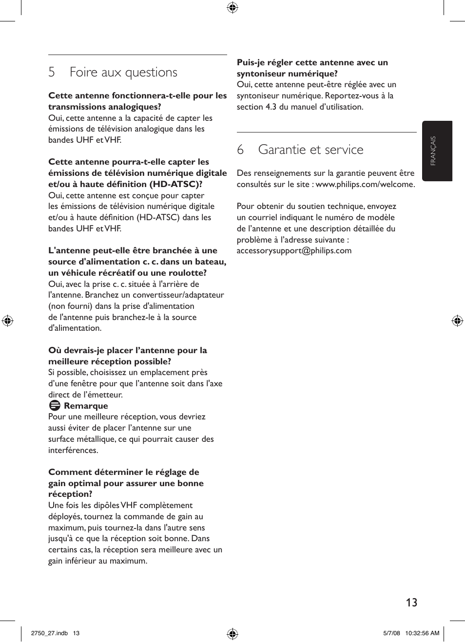 5 foire aux questions, 6 garantie et service | Philips SDV2750/27 User Manual | Page 13 / 20