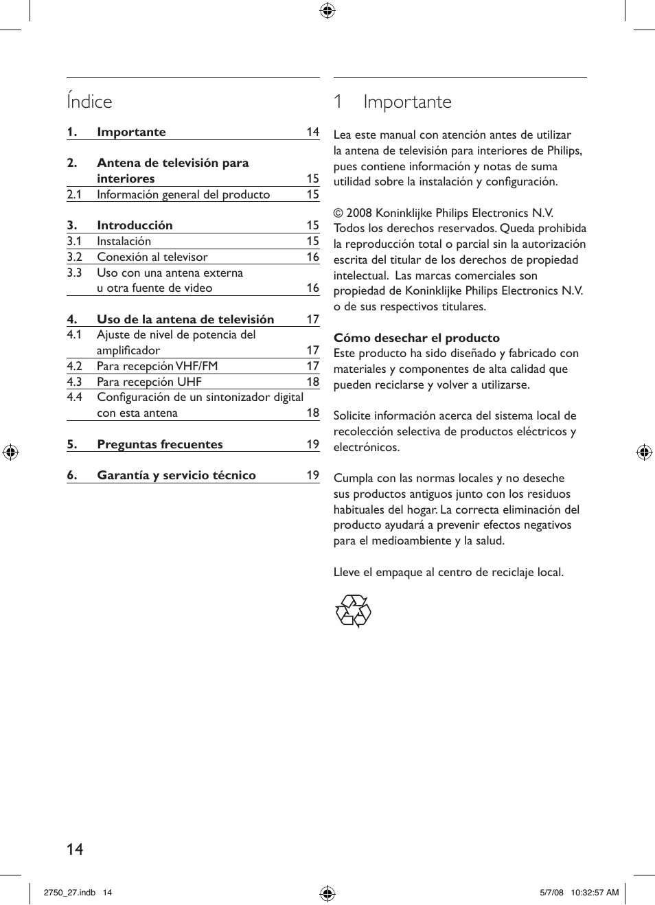 Índice, 1 importante | Philips SDV2750/27 User Manual | Page 14 / 20