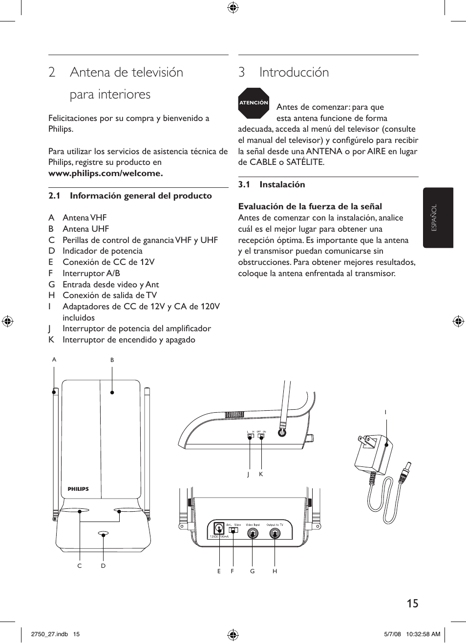 2 antena de televisión para interiores, 3 introducción | Philips SDV2750/27 User Manual | Page 15 / 20