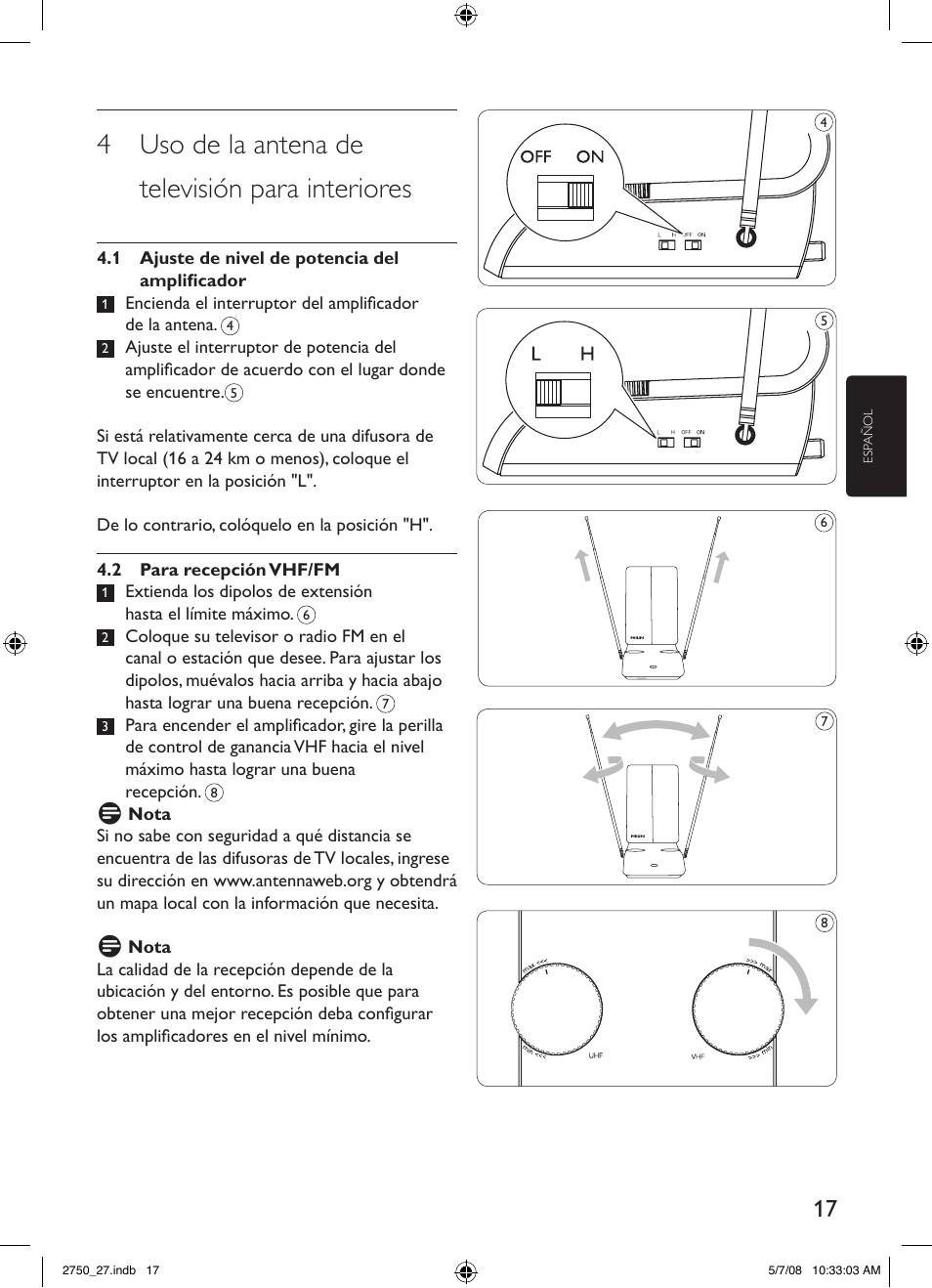 4 uso de la antena de televisión para interiores | Philips SDV2750/27 User Manual | Page 17 / 20