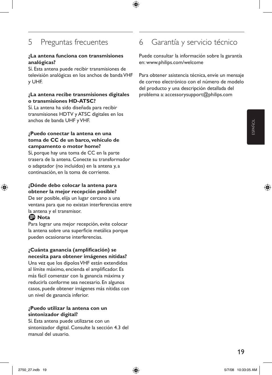 5 preguntas frecuentes, 6 garantía y servicio técnico | Philips SDV2750/27 User Manual | Page 19 / 20