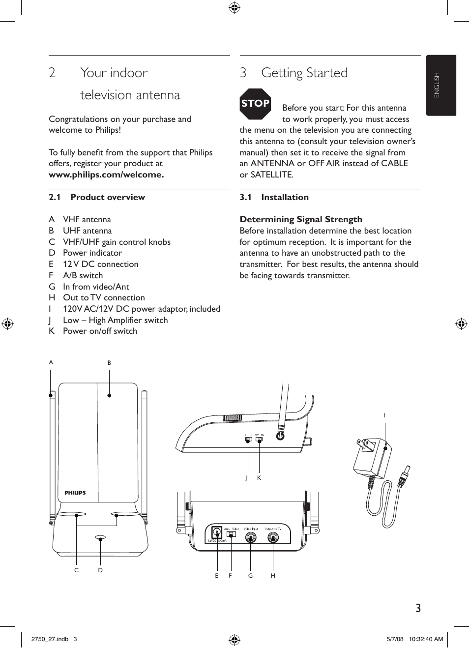 2 your indoor television antenna, 3 getting started | Philips SDV2750/27 User Manual | Page 3 / 20